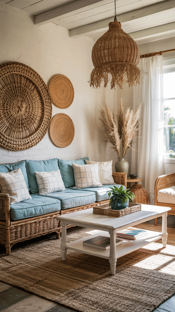 neutral and blue living room featuring cream and powder blue hues