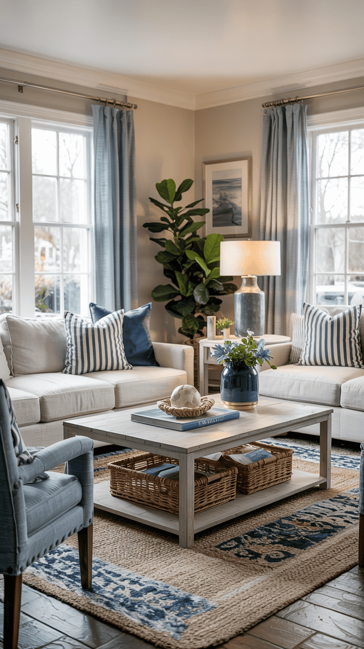 neutral and blue living room with modern and coastal decor elements