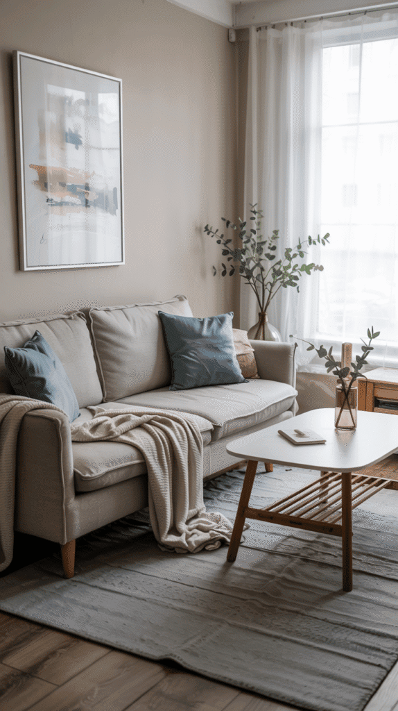 neutral and blue living room in greige and sky blue color scheme