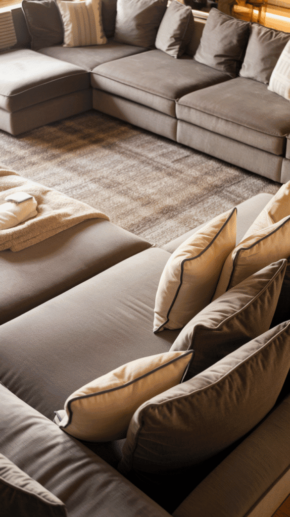 grey and neutral living room with sectional sofa
