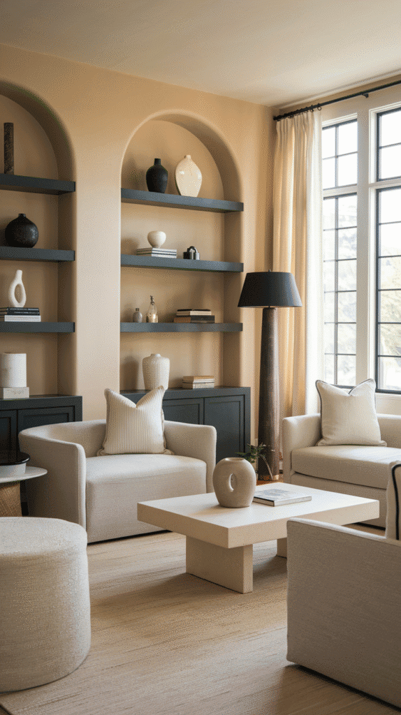 grey and neutral living room with black and charcoal accents
