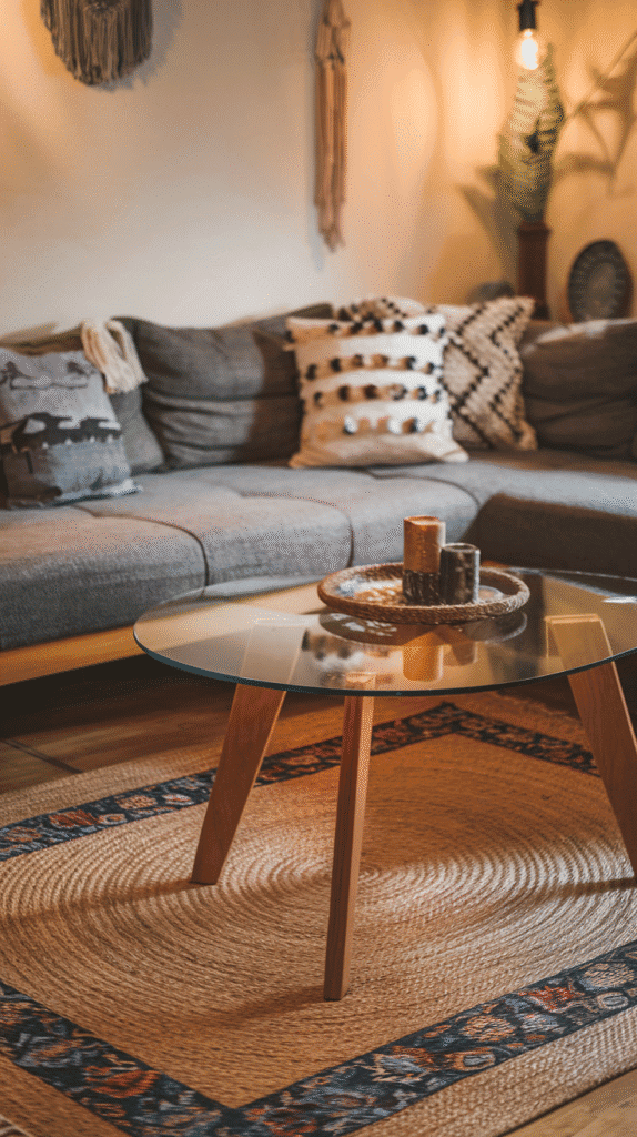 grey and neutral living room with layered rugs
