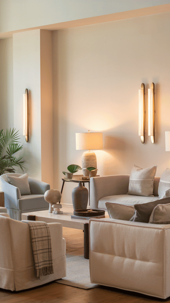 grey and neutral living room with cozy soft lighting
