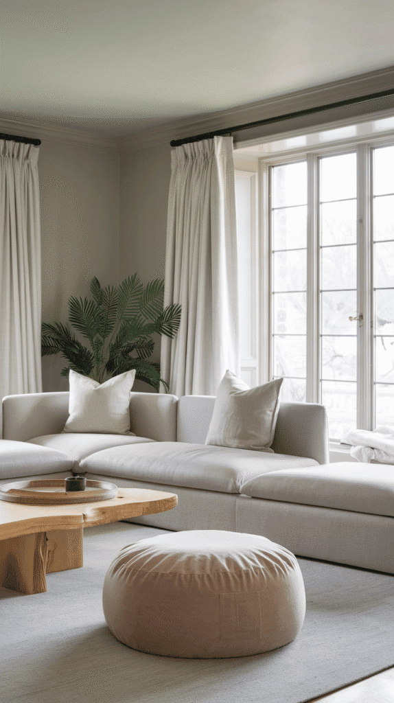 grey and neutral living room with beige accents for warmth
