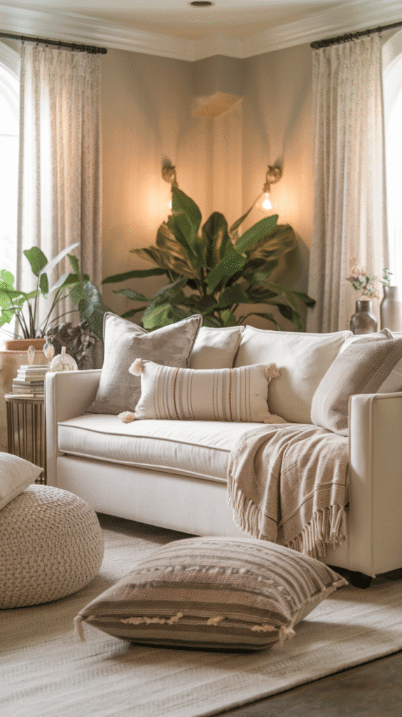 grey and neutral living room with cream and stone tones
