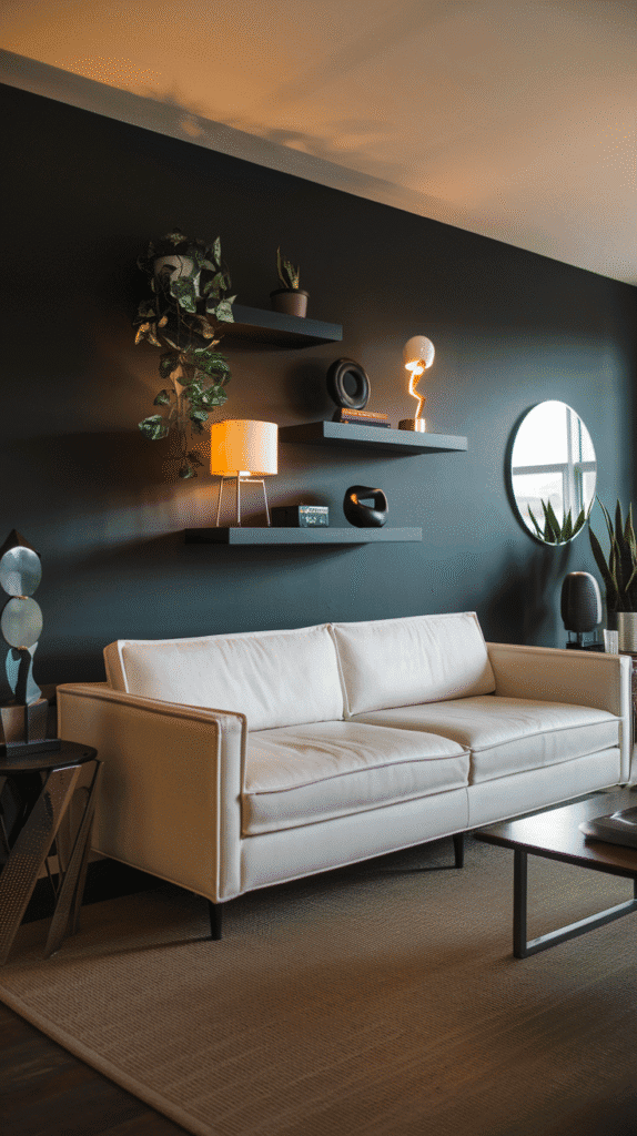 grey and neutral living room with grey feature wall

