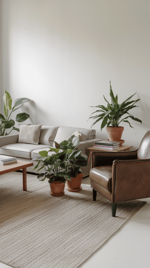 grey and neutral living room with earthy brown accents

