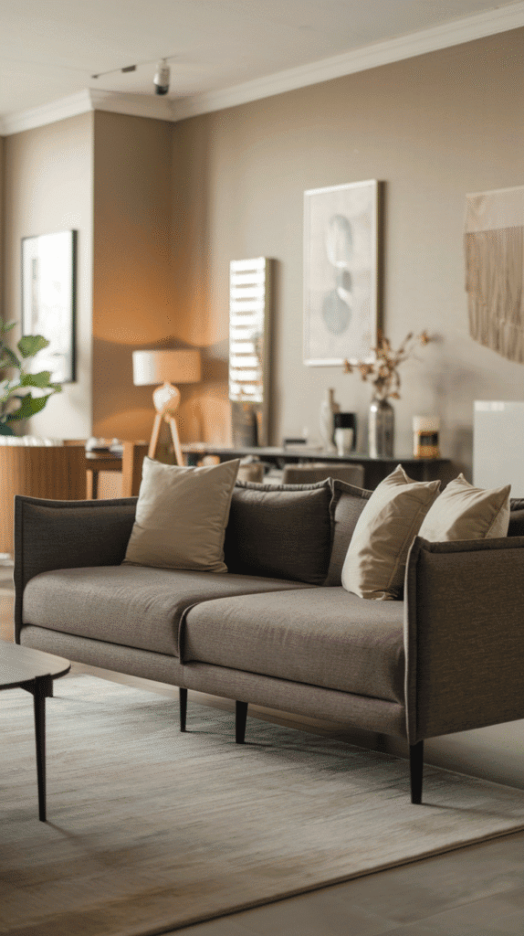 grey and neutral living room featuring grey sofa
