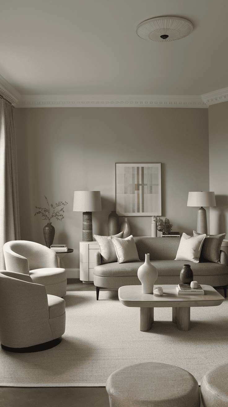 grey and neutral living room with timeless cozy design