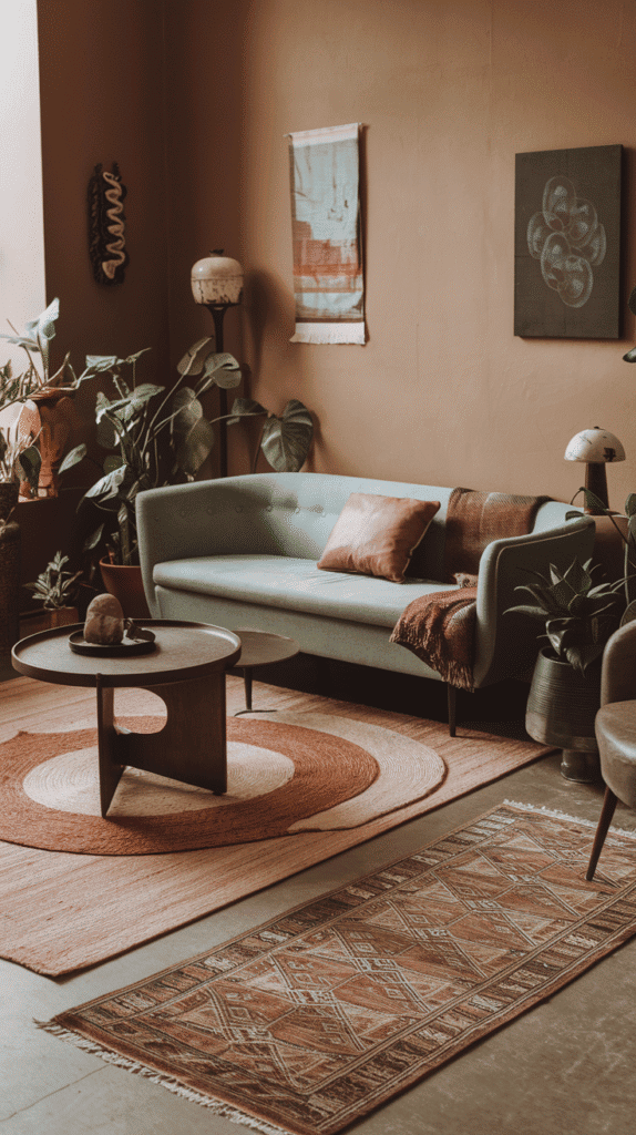 neutral and blue living room featuring mushroom and muted teal tones