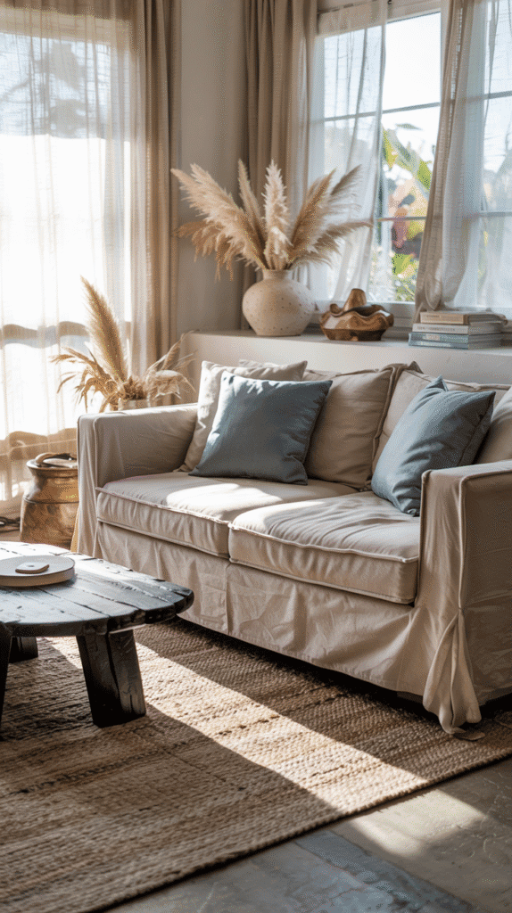 neutral and blue living room with natural linen and ocean blue details