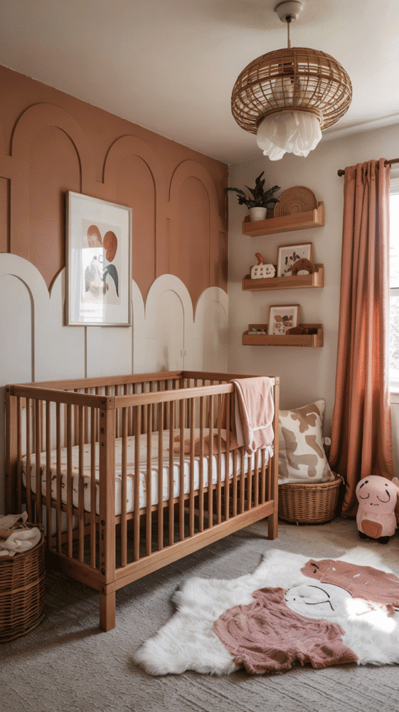 Blush and terracotta color palette in a pink boho nursery.