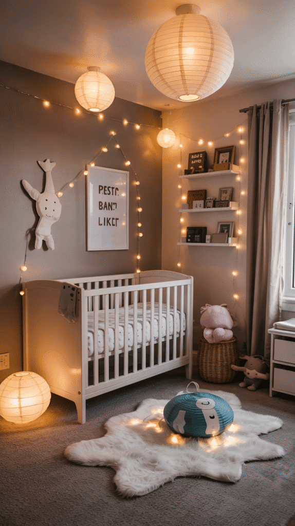Soft lighting with fairy lights in a pink boho nursery.