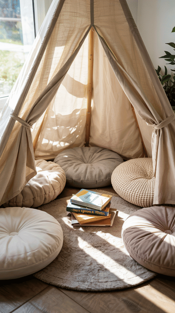Cozy reading nook in a pink boho nursery.