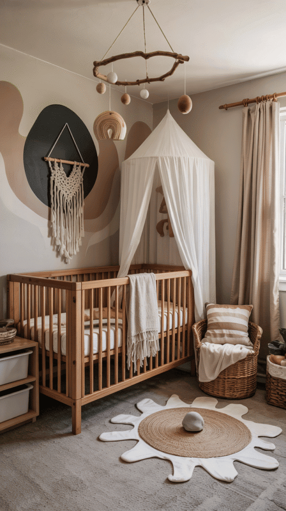 Cozy reading nook in a pink boho nursery.