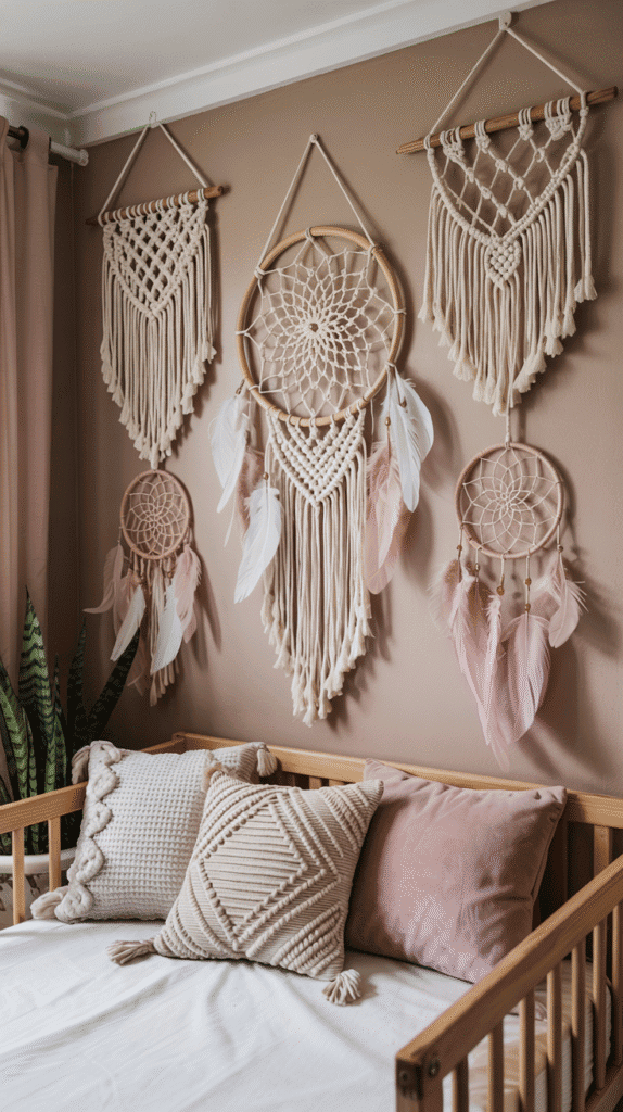 Macrame and dream catchers in a pink boho nursery.