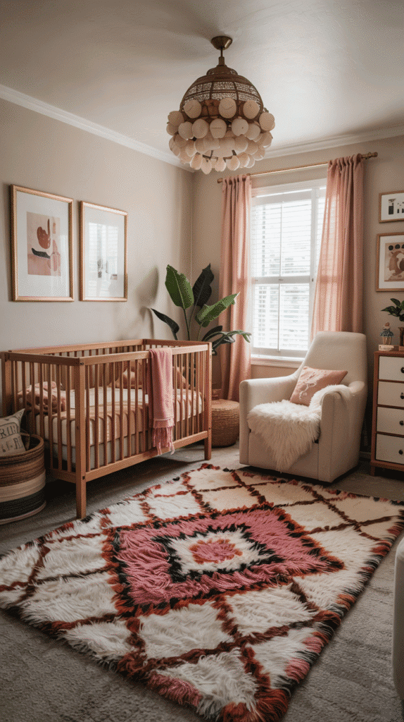 Vintage Moroccan rugs in a pink boho nursery.
