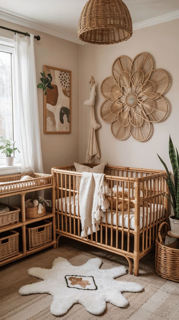 Wicker and rattan furniture in a pink boho nursery.