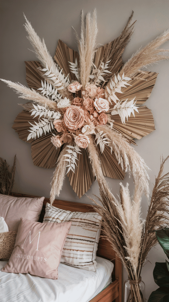 Dried flower and pampas grass decor in a pink boho nursery.