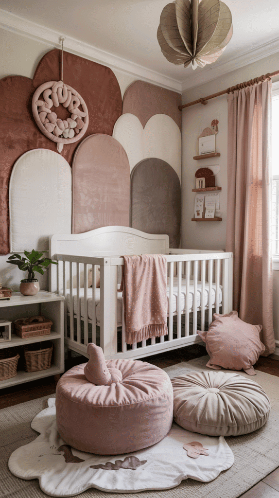 Layered textiles and throw pillows in a pink boho nursery.
