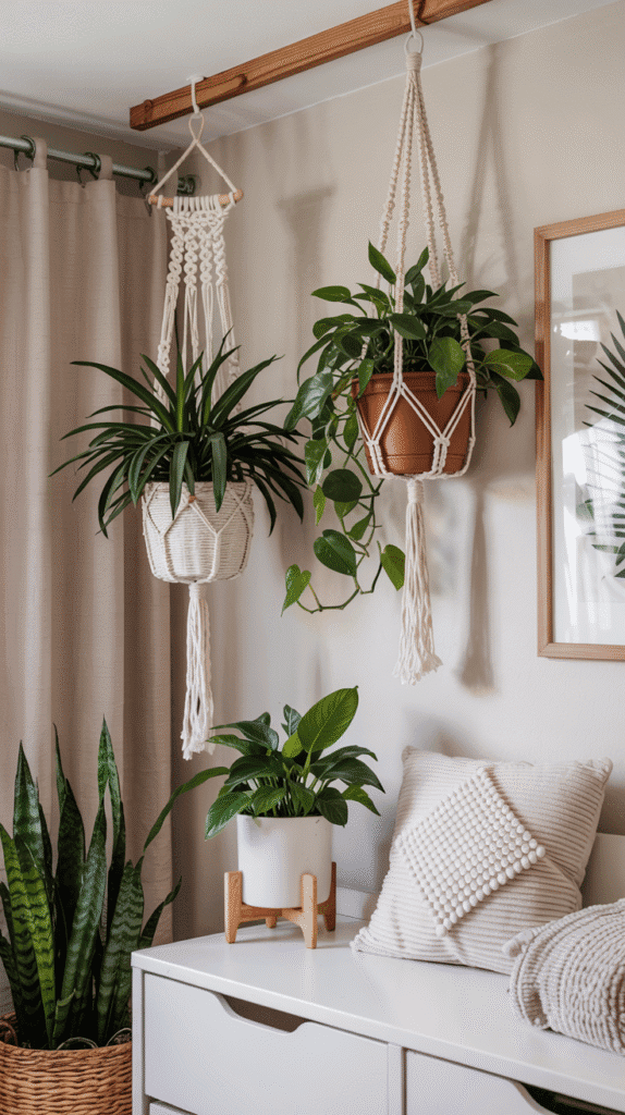 Plants and hanging planters in a pink boho nursery.
