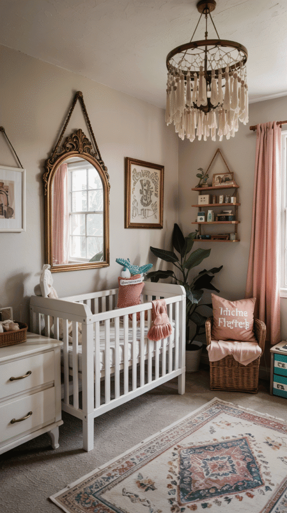 Vintage and thrifted accents in a pink boho nursery.