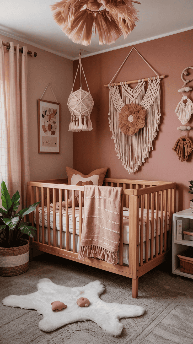 Featured Pink Boho Nursery with blush and terracotta tones.