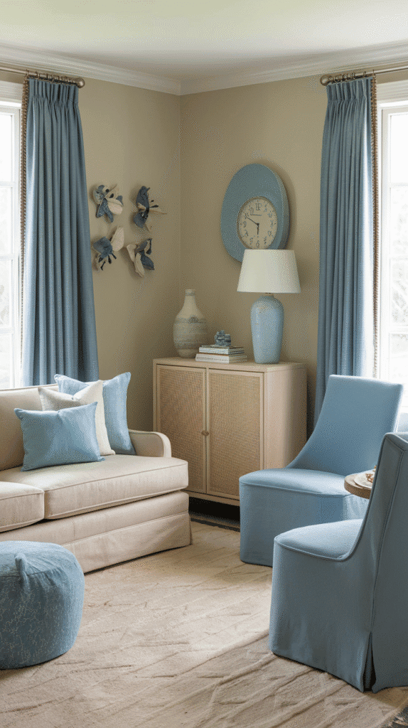neutral and blue living room with putty and baby blue combination