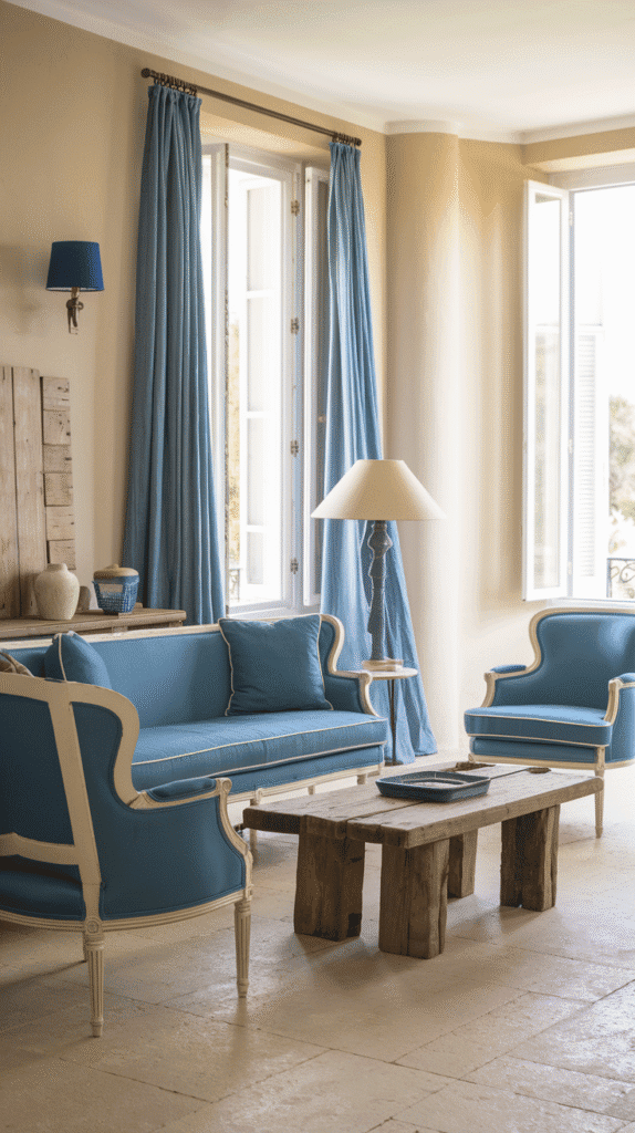 neutral and blue living room with sand and French blue pairing