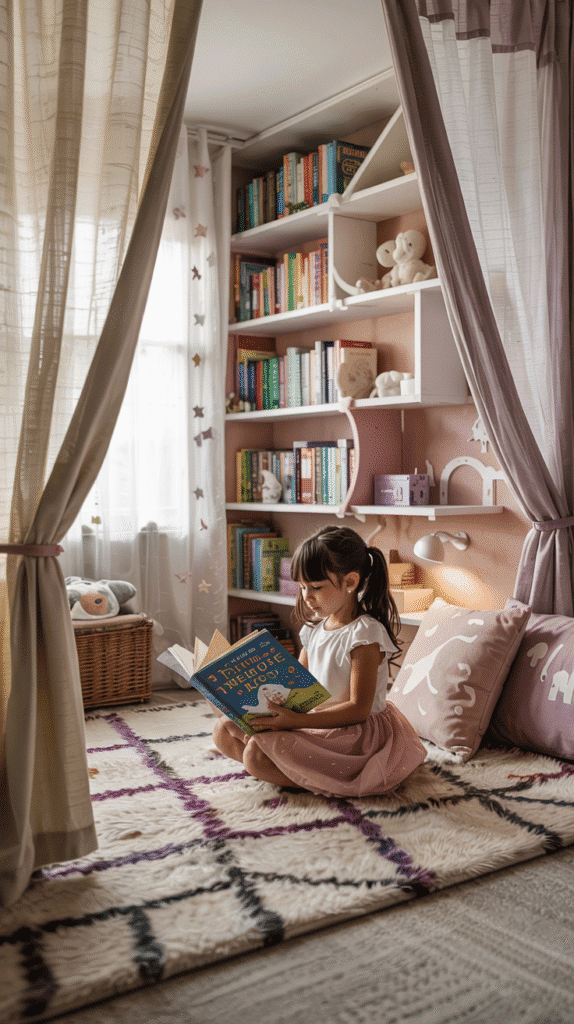 Creative dividers in a shared kids' room using bookshelves, curtains, and rugs - Small Kids Bedroom Ideas for 2.