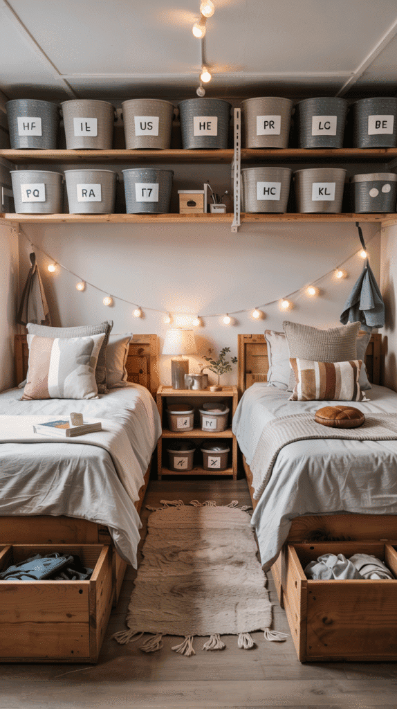Personalized storage solutions such as labeled bins and under-bed drawers in a shared room - Small Kids Bedroom Ideas for 2.