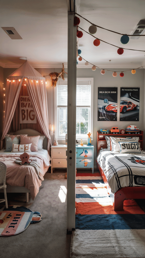 Individual styles in a shared bedroom, showing different bedding and decor for each child - Small Kids Bedroom Ideas for 2.