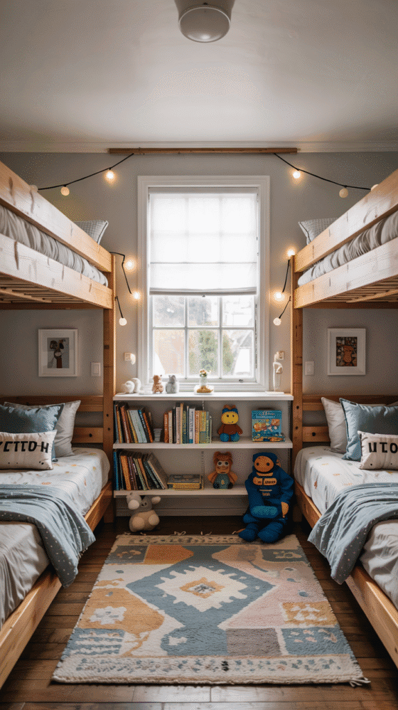Efficient use of vertical space with floating shelves and loft beds in a small room - Small Kids Bedroom Ideas for 2.