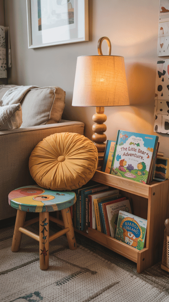 Cozy personal nook with cushion and bookshelf for a child in a shared room - Small Kids Bedroom Ideas for 2.