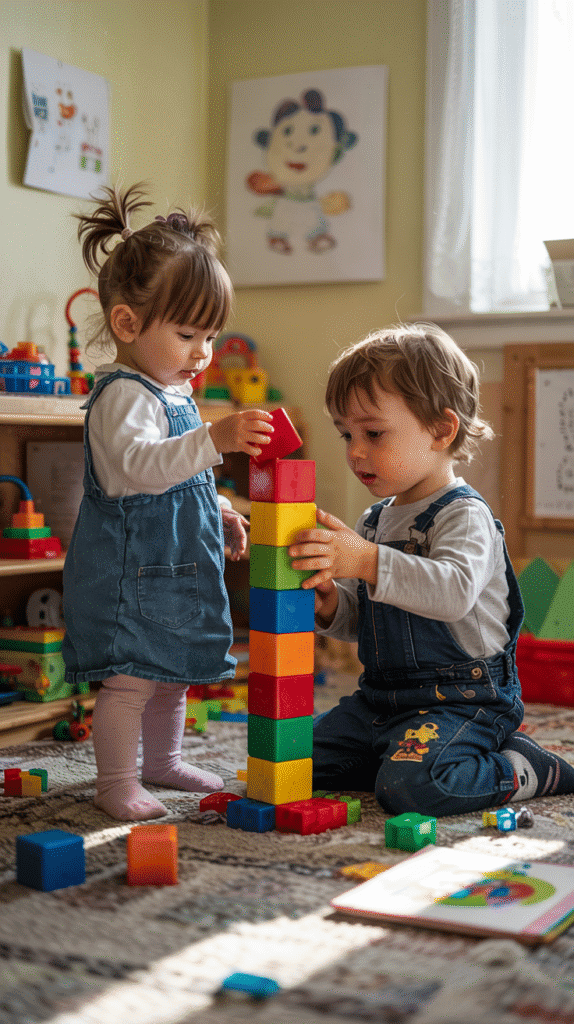 Playful illustration of two kids in a small, shared room full of personality - Small Kids Bedroom Ideas for 2.