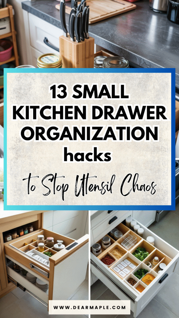 Pinterest pin of 13 genius hacks for Small Kitchen Drawer Organization