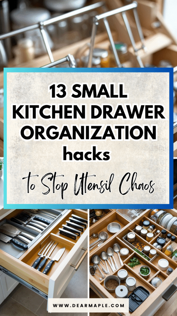 Pinterest pin of 13 genius hacks for Small Kitchen Drawer Organization
