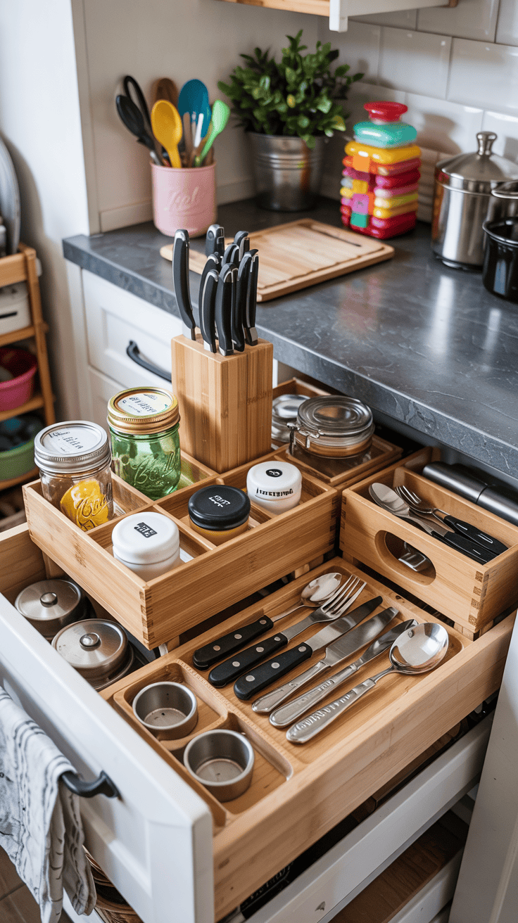 Neatly organized small kitchen drawer showcasing innovative storage hacks with a focus on small kitchen drawer organization