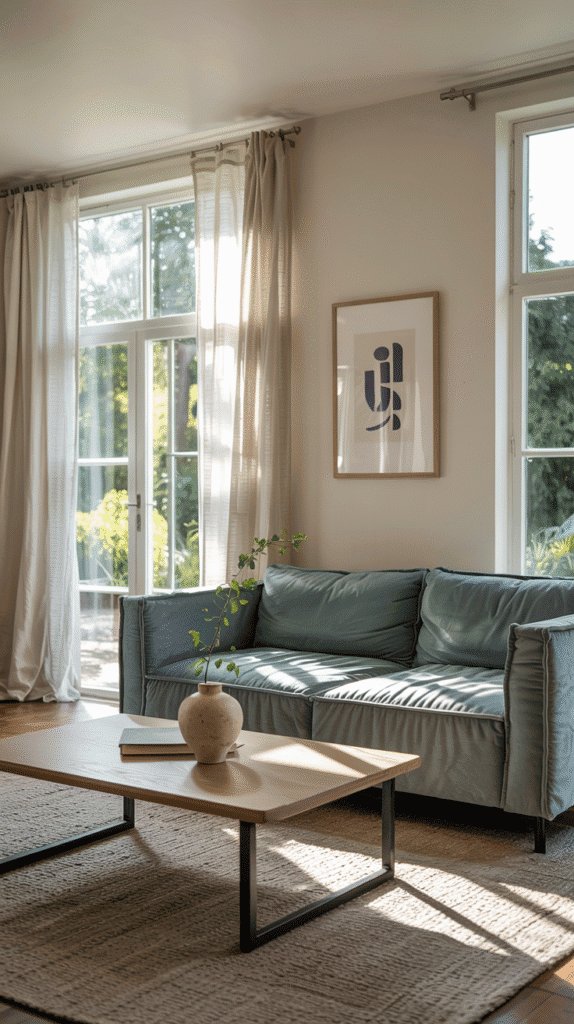 neutral and blue living room featuring soft beige and dusty blue tones