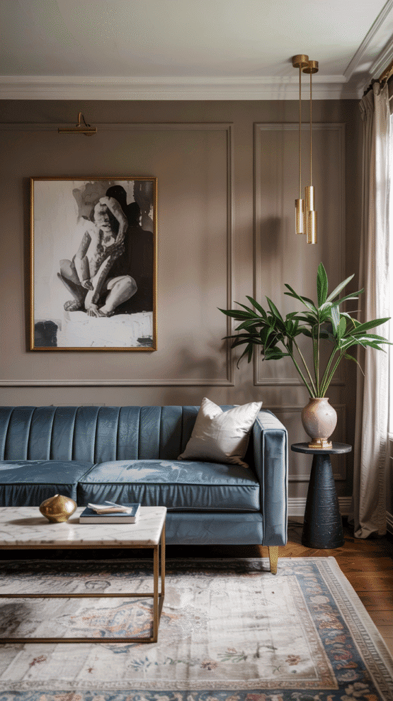 neutral and blue living room with taupe and steel blue pairing