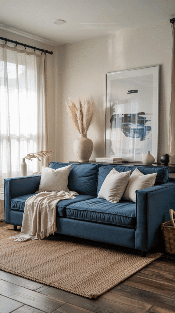 neutral and blue living room with white walls and navy blue accents