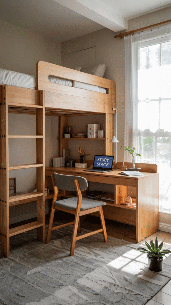Back to school bedroom ideas featuring a loft bed with built-in desk to maximize floor space