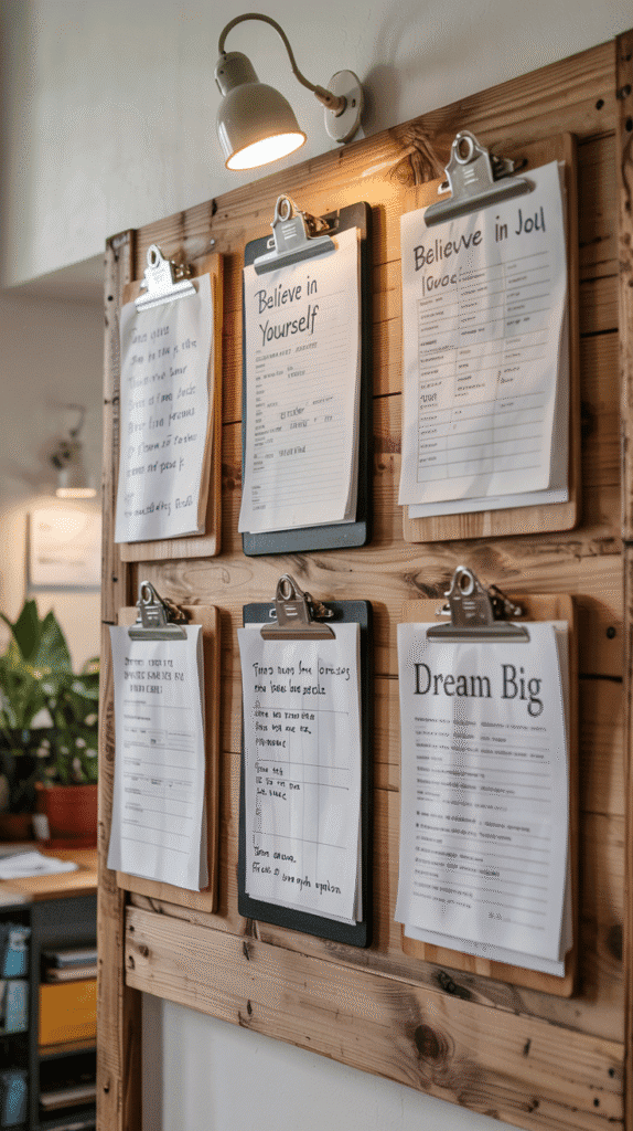 Back to school bedroom ideas featuring a clipboard wall gallery for organizing important papers