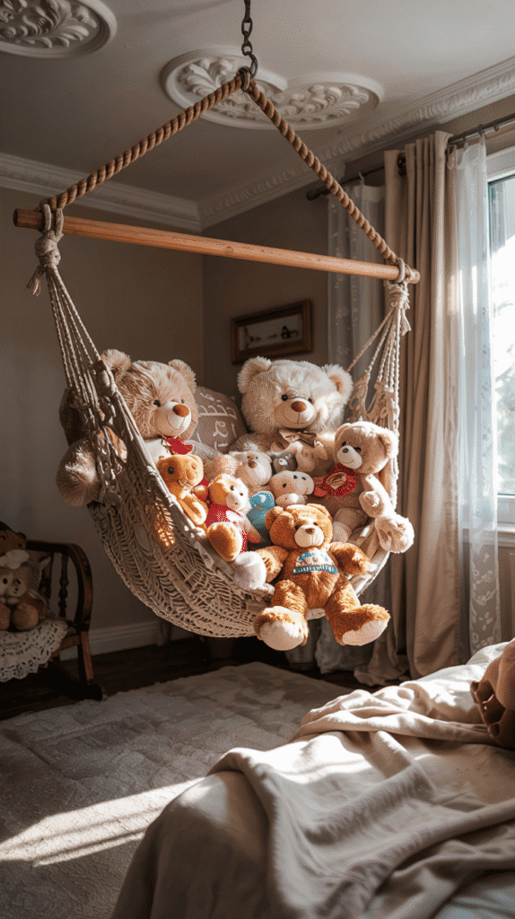 Fun and functional back to school bedroom ideas with a ceiling-mounted hammock for soft storage
