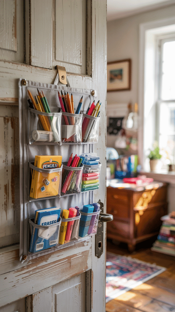 Creative use of shoe organizer for school supplies in back to school bedroom ideas