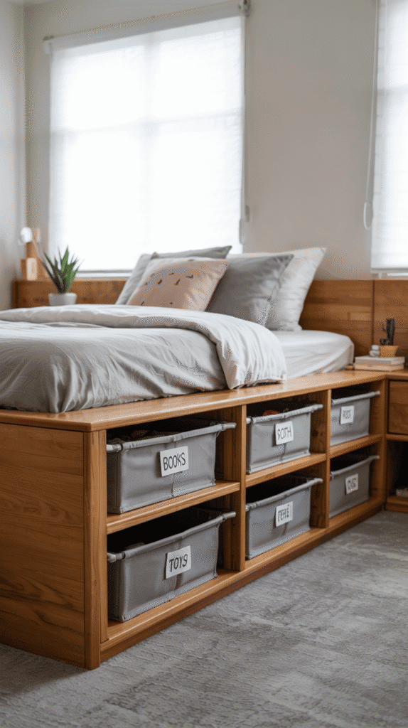Back to school bedroom ideas utilizing bed risers with rolling storage bins for extra under-bed storage