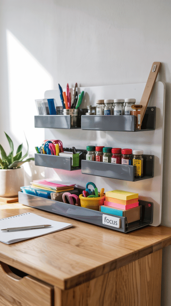 Innovative back to school bedroom ideas using magnetic spice racks as desk organizers