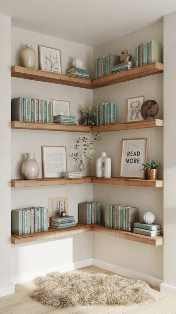 Back to school bedroom ideas with floating corner shelves for additional storage and decoration
