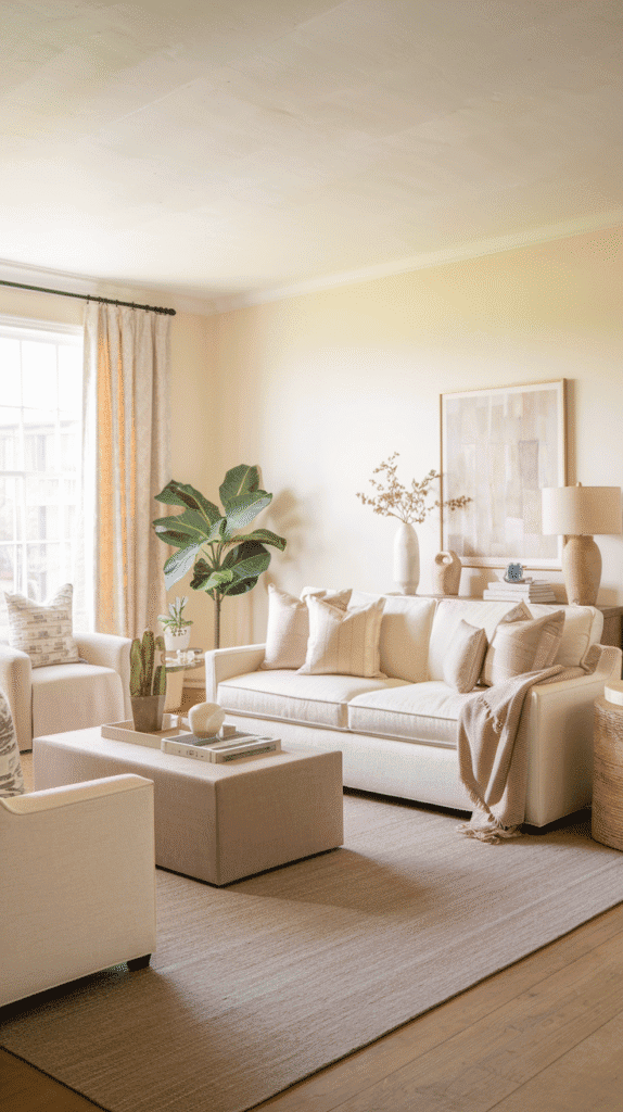 Living room with warm white walls, soft beige furniture, taupe rug, and neutral accessories. Bright and airy space with soft textures.