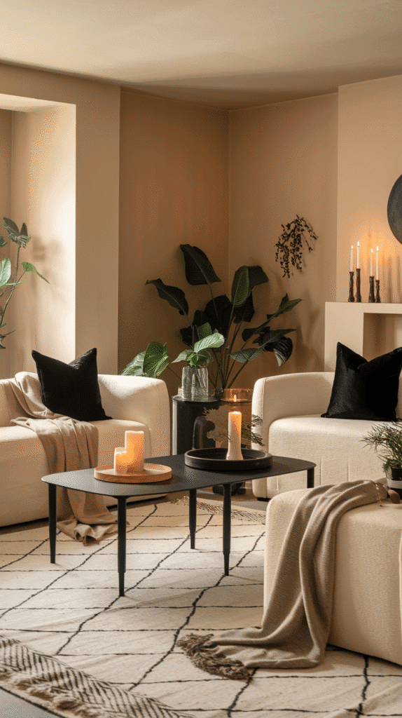 Warm and cozy living room with black accents, soft throw blankets, candles, and a neutral rug. Inviting ambiance with layered textures.